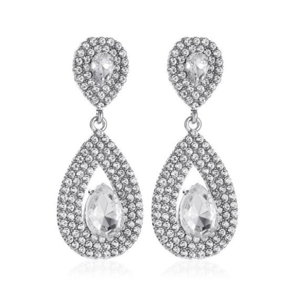 Silver Rhinestone Tear Drop Earrings